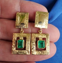 Original EARTH MINED EMERALD Deco Design Earrings Vintage Style Dangles 14K GOLD