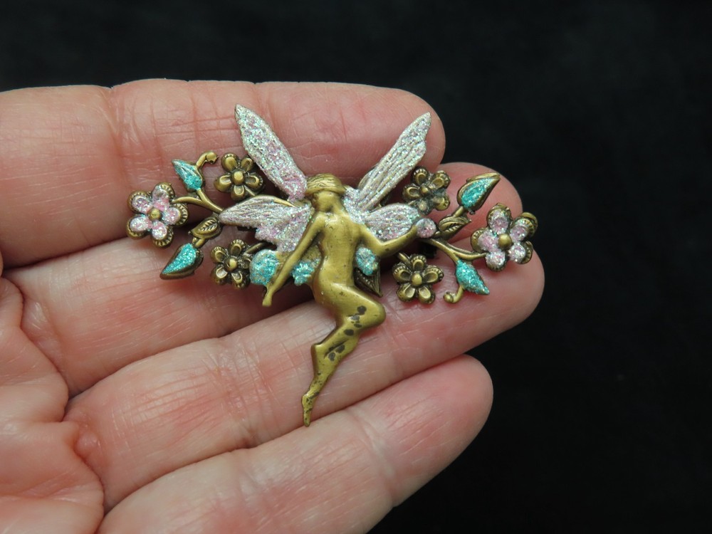 Vintage Antique Bronze Fairy w/Wings Colorful Brooch