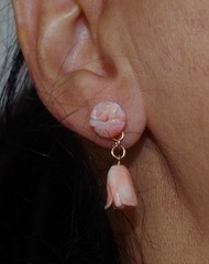 ANTIQUE 14K GOLD ANGEL SKIN CORAL CARVED ROSE STUD DROP EARRINGS Made To Order
