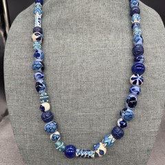 Vintage Artisan Necklace Ceramic Hand Painted Beads Blue White Floral 30 Inches