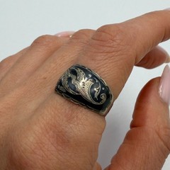 Vintage Soviet 875 Silver Niello Ring USSR Handmade Floral Size 8.5