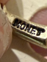 Vintage Monet Signed Gold Bamboo Hoop Earrings with Stones Pierced