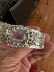 Psco vintage rhodium plated deco Edwardian open back pink Czech stone cut /open