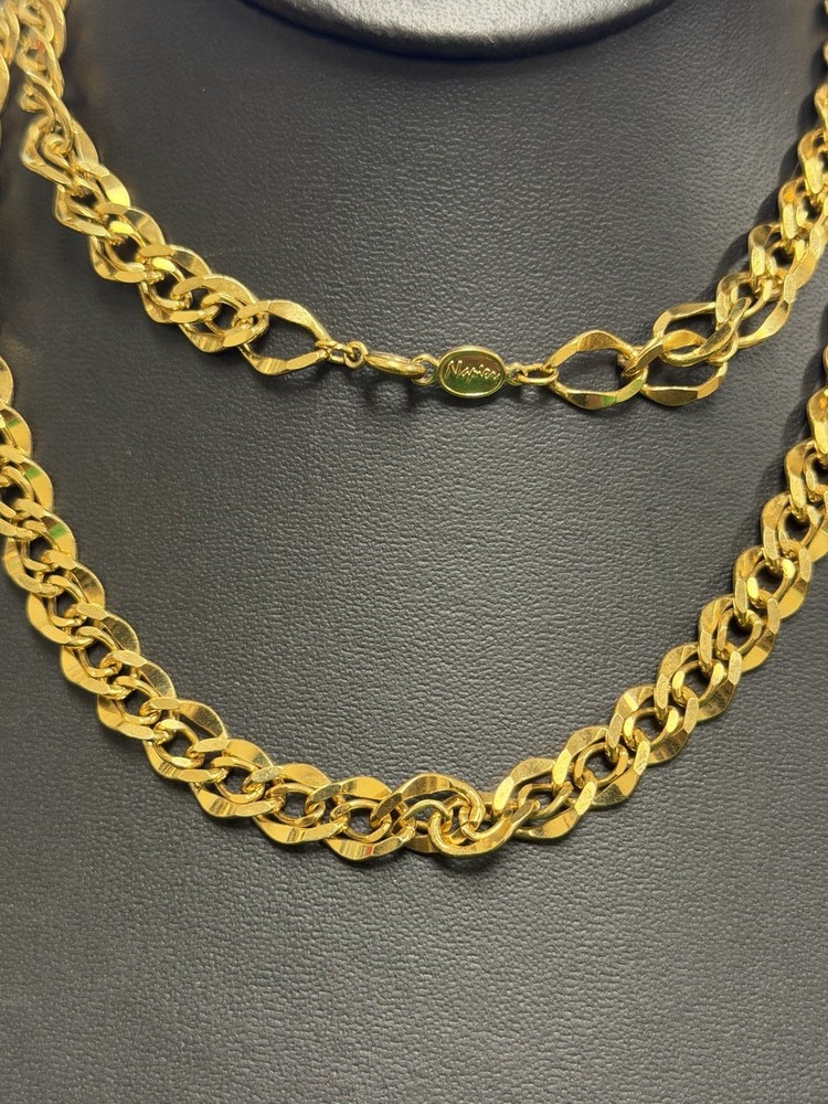 VTG STUNNING NAPIER SIGNED SHINY GOLD TONE DOUBLE CURB CUBAN LONG 30″ NECKLACE