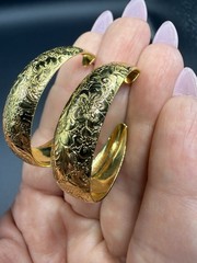 Vintage Large Thick Who Like Golden Flower Etched Earrings