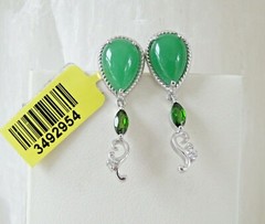 Sterling Silver 925 Green Jade Drop Unique Dangle Earrings