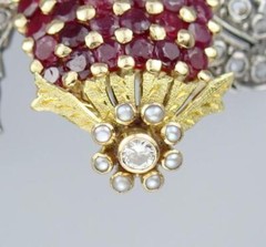 AMAZING Vintage Mid Century Portuguese 19K Ruby Diamond Strawberry Pendant Pin