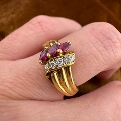 Vintage 1980s 18K Yellow Gold Ruby & Diamond Ring Size 5 – 3.98g
