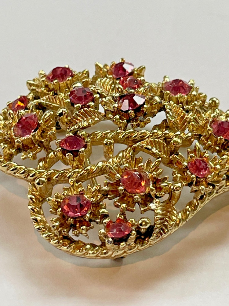 Vintage Pink Rhinestone Heart Brooch | Gold Filigree | 1950s | 2″