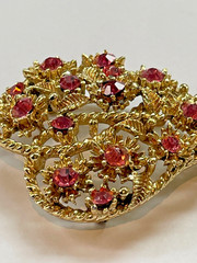 Vintage Pink Rhinestone Heart Brooch | Gold Filigree | 1950s | 2″