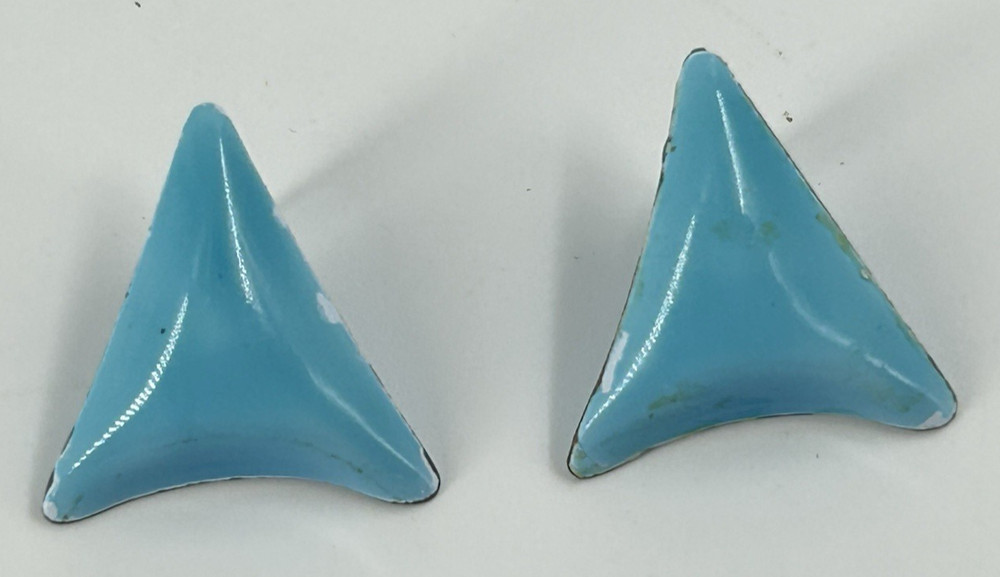 Vintage Blue Enamel Triangular Stud Earrings