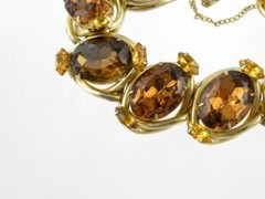 Vintage Costume Goldtone Metal Brown and Yellow Rhinestone Bracelet Unsigned