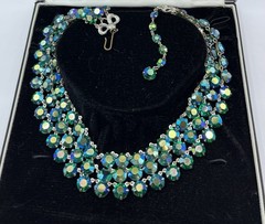 Vintage 3 Strand Peacock Green/Blue Aurora Borealis Crystal Necklace Not Signed
