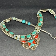 Nepal Jewelry Brass Turquoise Coral Heishi Beaded Handmade Choker Necklace