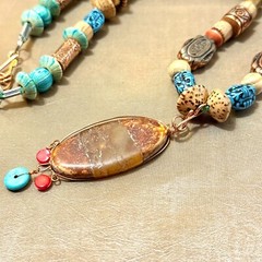Boho Turquoise Beaded Necklace, Blue & Brown in Wood, Stone, Nut, & Metal – 25″