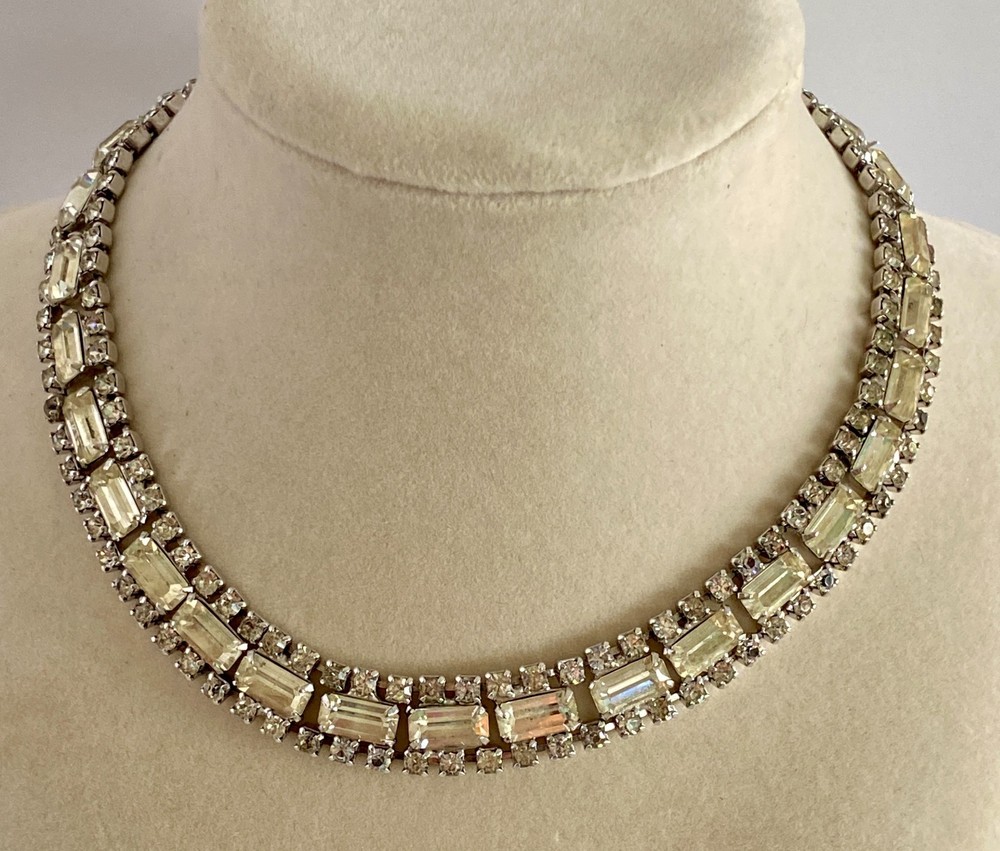 Vtg Rhinestone Choker Necklace Silver Tone Emerald Cut Baguette Collar Crystal