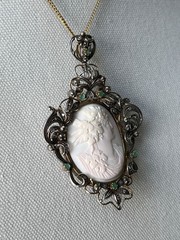 Victorian Portuguese 19k Gold Sterling Silver Emerald Coral Cameo Bacchante Broo
