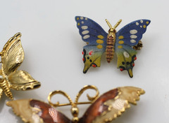Vintage 3 PC gold tone butterfly lot enamel faux pearl AAI pin brooches