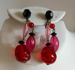 Vintage GERMANY Bright Red Pink Lucite Beaded Dangle Clip Earrings Retro
