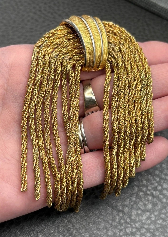 Vintage 80s Huge Multi Strand Woven Chain Tassel Gold Tone Brooch Runway READ