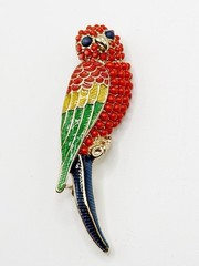 Goldtone Colorful Enamel Round Bead Parrot Pin Brooch Bird Figure 2.25”