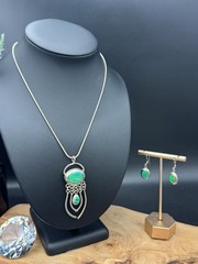 VTG Sterling Silver CHOEN MEXICO Blue Fire Opal Inlay Necklace Pendant Earrings