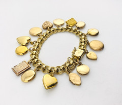 Vintage Gold Filled Locket Charm Bracelet 14 Lockets 1 Fob Hearts Book Enamel