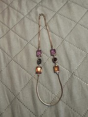 Vtg Silver Toned Herringbone Necklace Orange Burgundy Purple Rhinestones Korea