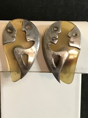 Vtg Sterling Silver & Horn or Lucite Modernist Man Woman Screw Earrings Mexico