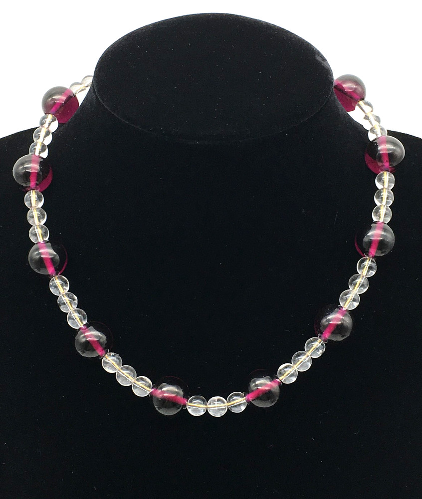 Vintage Art Deco Round Almandine Garnet Beads & Clear Glass Beads 17″ Necklace