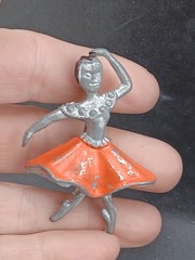 Vintage Pot Metal Flamenco Dancer Brooch Enamel Red Skirt Silver Tone