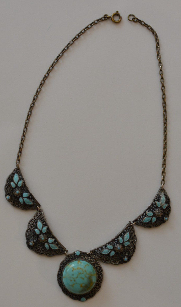 Antique Czech (?) blue enamel faux turquoise filigree necklace, 15 in, as found
