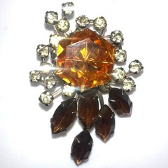 Vintage gold tone jonquil yellow topaz orange brown glass rhinestones brooch