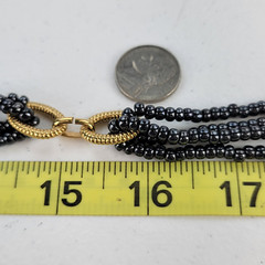 Vintage Gray Glass Bead Gold-Tone Link Beaded Necklace 36 in Fold Over Clasp