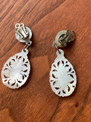 Vintage Carved Mother of Pearl Dangle Chandelier Clip-On Earrings Estate Jewelry