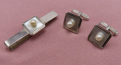 Caribe Sterling Silver Vintage Cufflinks Tie Bar Set White Pearl Cuff Links 252h