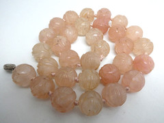 Vintage Chinese Rose Quartz Carved Round 14mm Shou Bead Knotted Necklace 19″