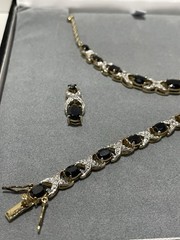 VTG Gold Over Sterling Vermeil Black Sapphire 3 Piece Parure In Case