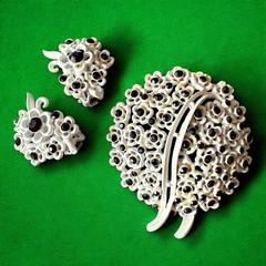 Enamel Flower Brooch Earrings Set Rhinestone Black White Vintage Clips