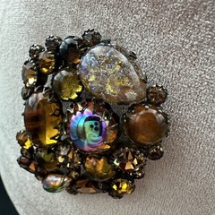 Vintage KRAMER Orange Yellow Brown Rhinestone Stone Brooch Large Navette