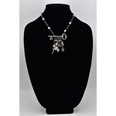 Vintage Stone Beaded Charm Necklace Skeleton Key Chunky Silver Boho 1990s Bin1