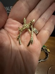 Vintage Double Wishbone Brooch Pin in Gold Tone Faux Pearl and Green Rhinestone