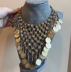 Vintage Boho Gold Tone Chainmail Coin Bib Choker Statement Necklace 18” H3