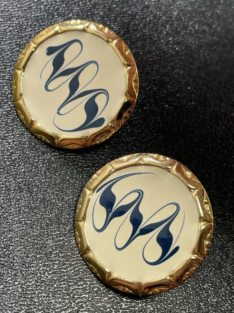 Vintage 1.1” Blue & White Enameled Gold Tone Metal Round Abstract Earrings