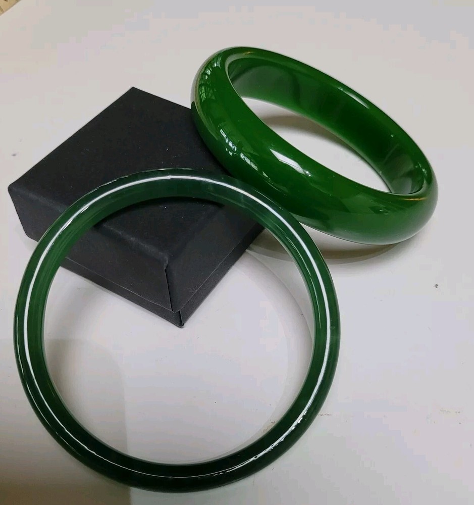 Vintage 2 X 62mm Tubular Jade Look Green Glass Bangle 82 Grams