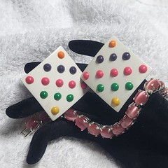 Avon Pink Cats Eye Bracelet and Vintage 80s Multi Color Dot Square Earrings lot