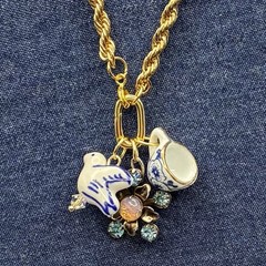 Vintage Charm Trio, Vtg Gold Plated Chain Necklace, Faux Opal, Coffee Cup, Bird
