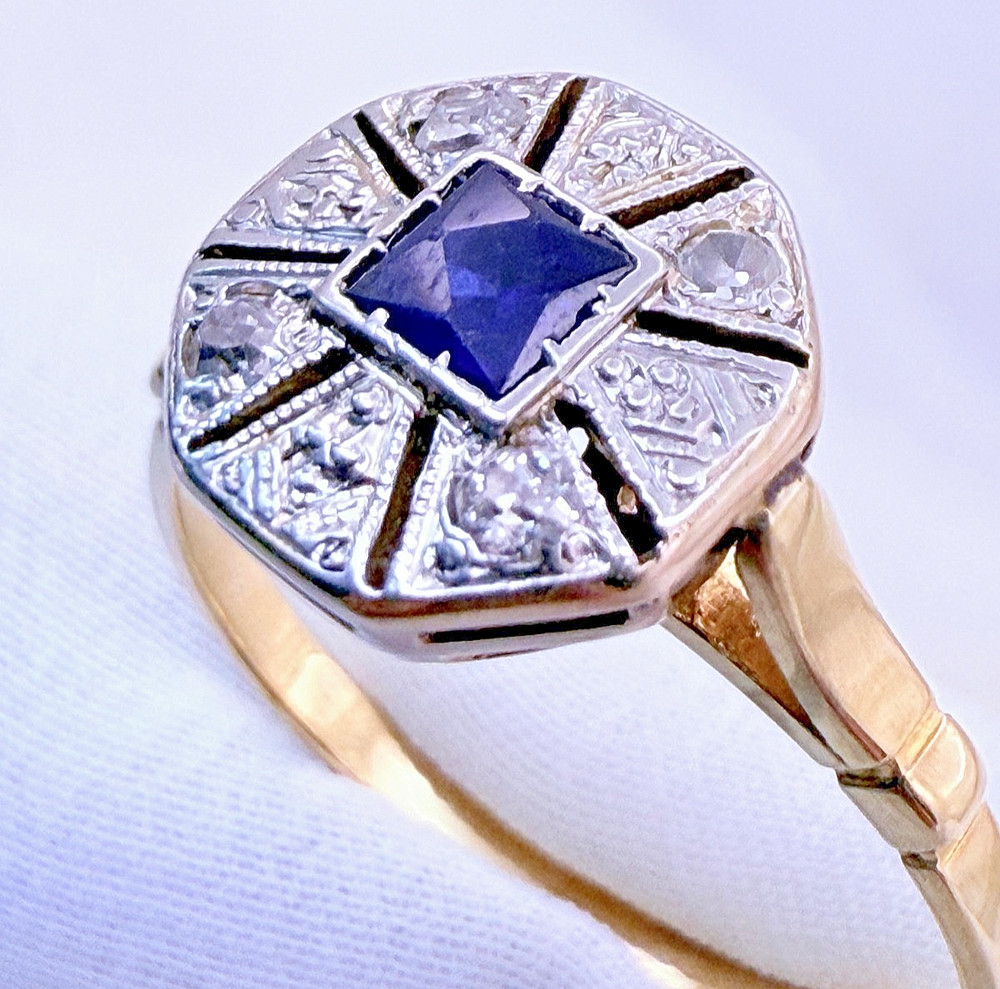 Vintage 18ct Yellow Gold Sapphire Diamond Ring Art Deco Octagonal Size 8