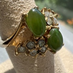 Vintage Faux Jade & Diamond Ring Set In Gold Tone Metal; Sz. 6.5; Beautiful!