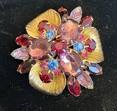Vintage Juliana Purple Blue Red Rhinestone Brooch Goldtone D&E Book Piece 2.5″